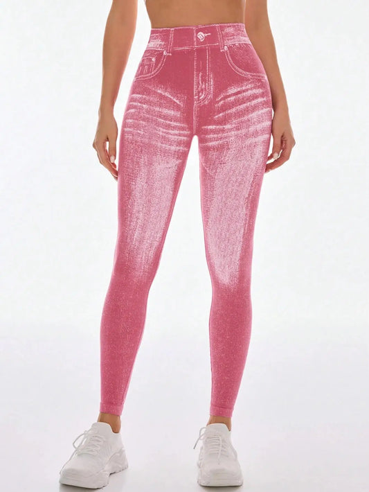 Women's High Waisted Faux Denim Jeggings With Tummy Control