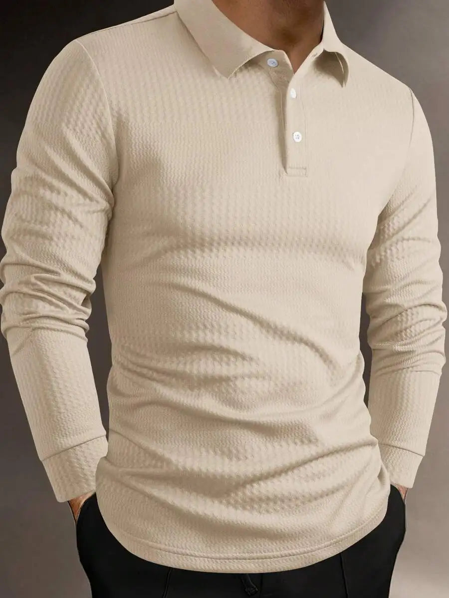 Men's Long Sleeve Textured Knit Polo Shirt - Solid White, Casual Business Wear