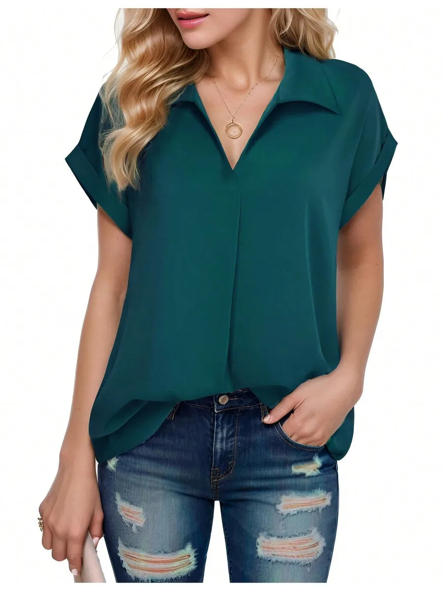 Womens Chiffon Short Sleeve Shirt With Turn Down Collar