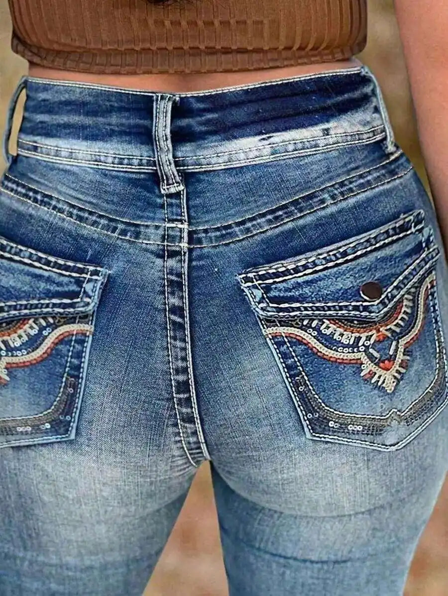 Relaxed Fit Denim Jeans With Embroidered Back Pocket Y2K