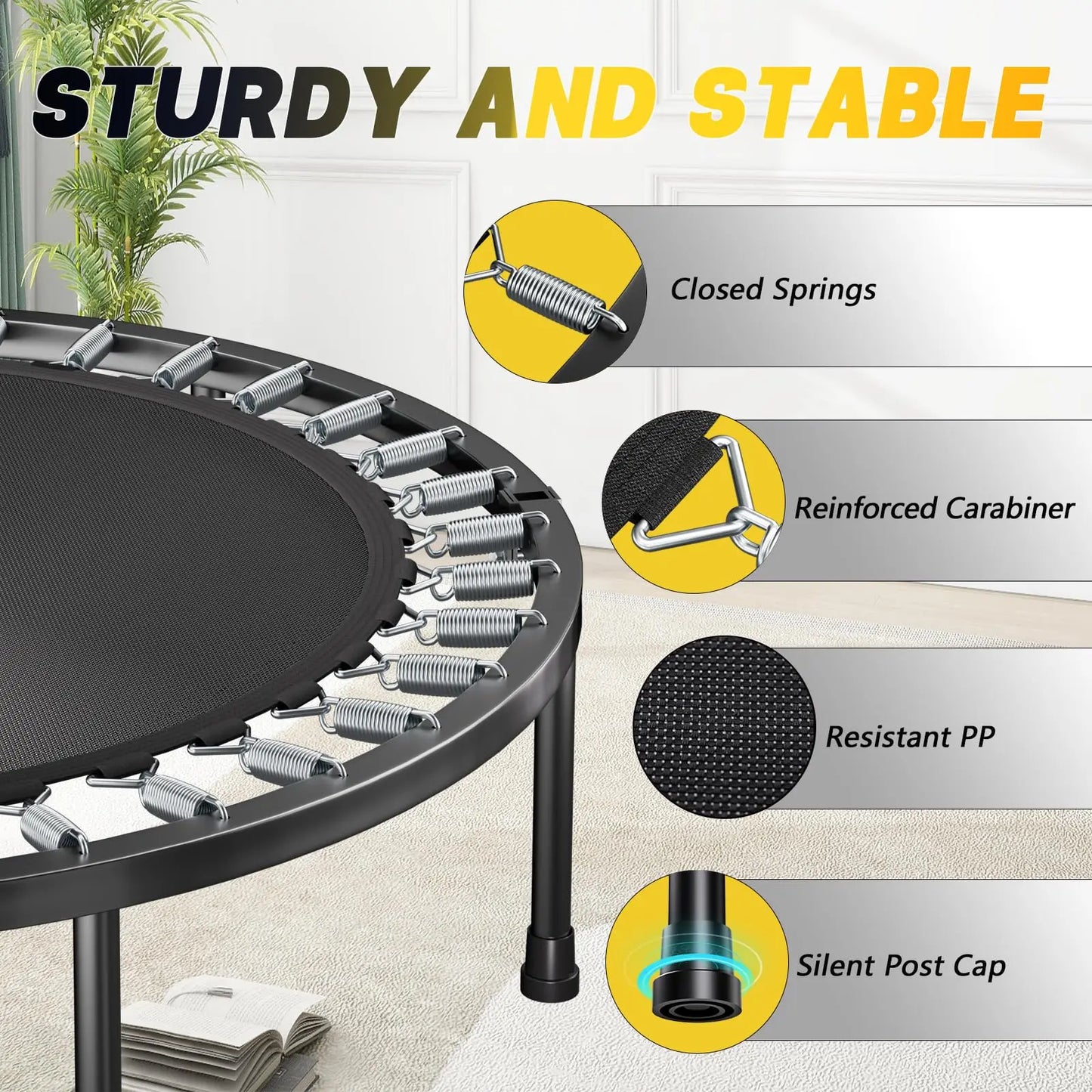 Rebounder Trampoline for Adults - 40" Foldable Mini Trampoline Fitness Rebounder with Adjustable U-Bar Handle, Max Load 350lbs,S
