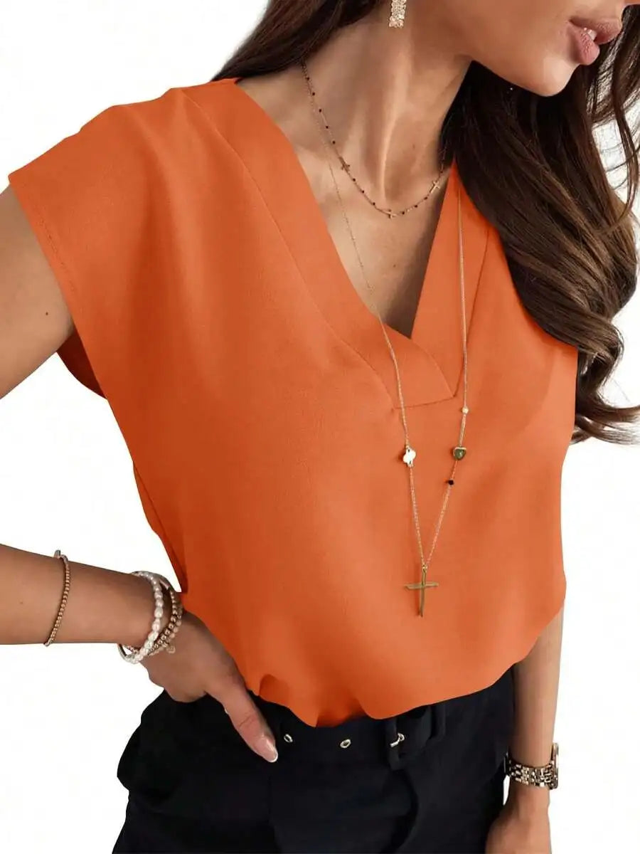 Chiffon V Neck Cap Sleeve Blouse For Women Office Casual Solid Top