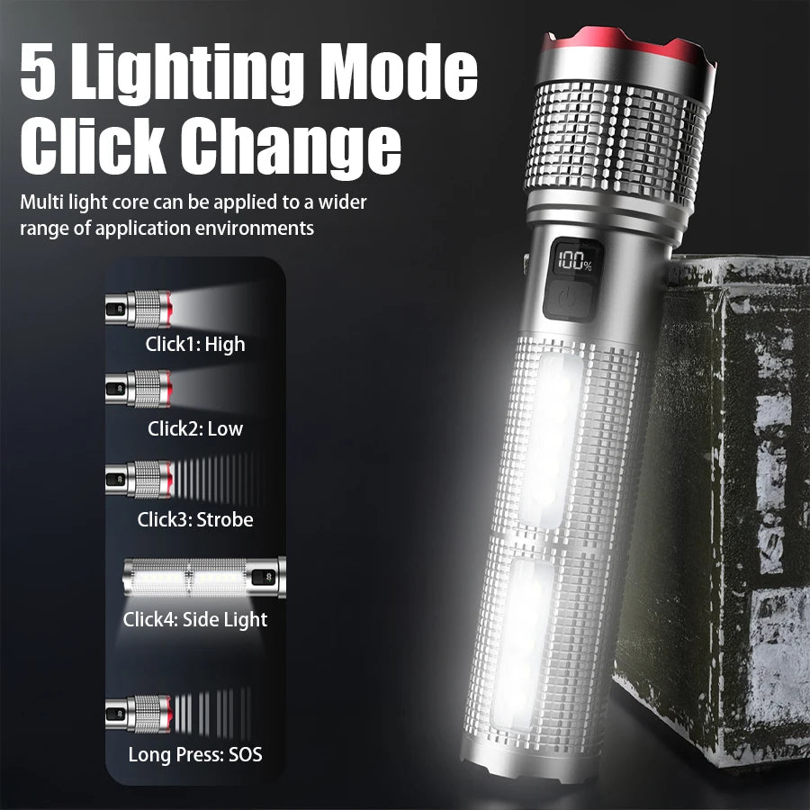 5000 MAH Powerful LED Flashlight Rechargeable Lamp Side Light Waterproof Tactical Lantern Handheld Torch Outdoor Camping Hiking