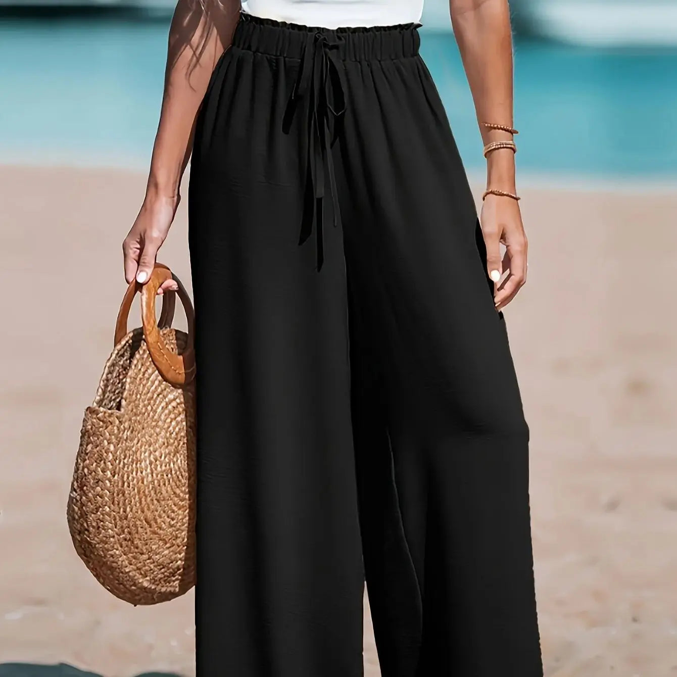 Women's Casual Wide Leg Pants With Pockets Elastic Waist Comfort