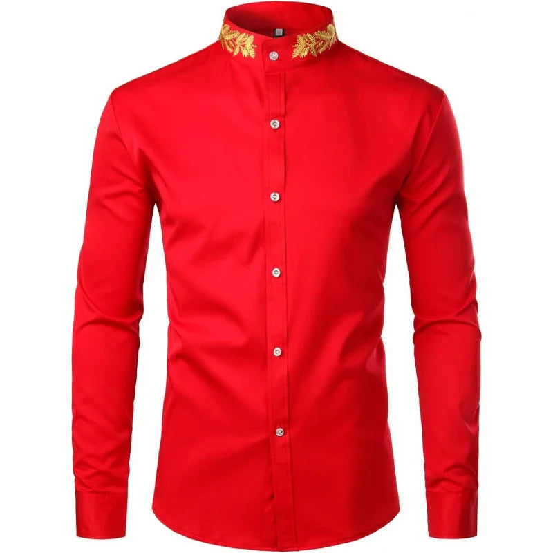 Men's Gold Embroidery Mandarin Collar Slim Fit Long Sleeve Shirt