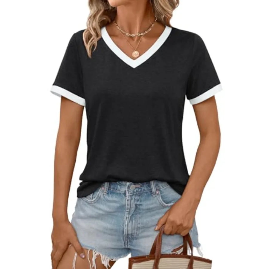 Women Short Sleeve T Shirt Summer Casual Tunic V Neck