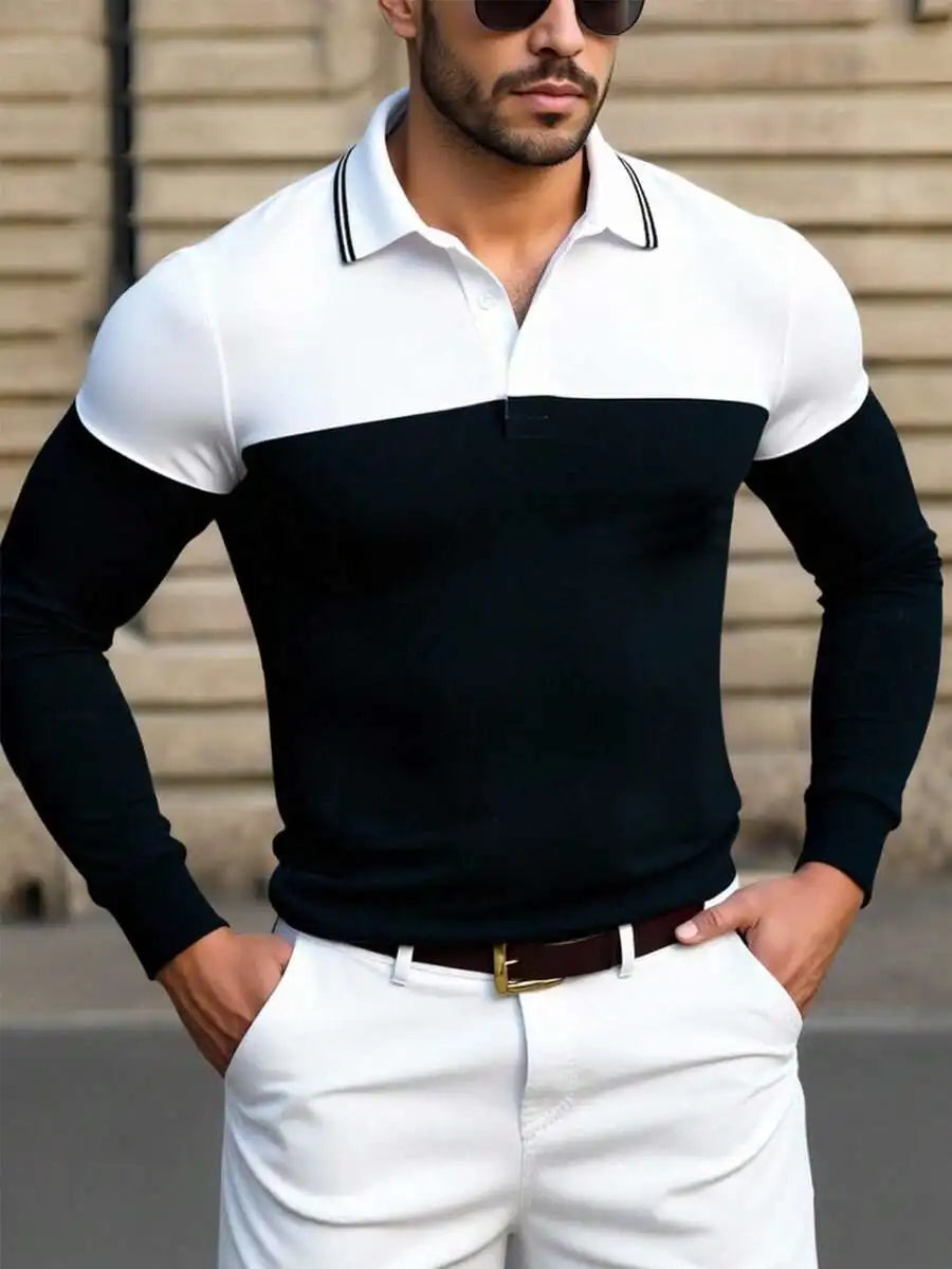 Men's Long Sleeve Textured Knit Polo Shirt - Solid White, Casual Business Wear