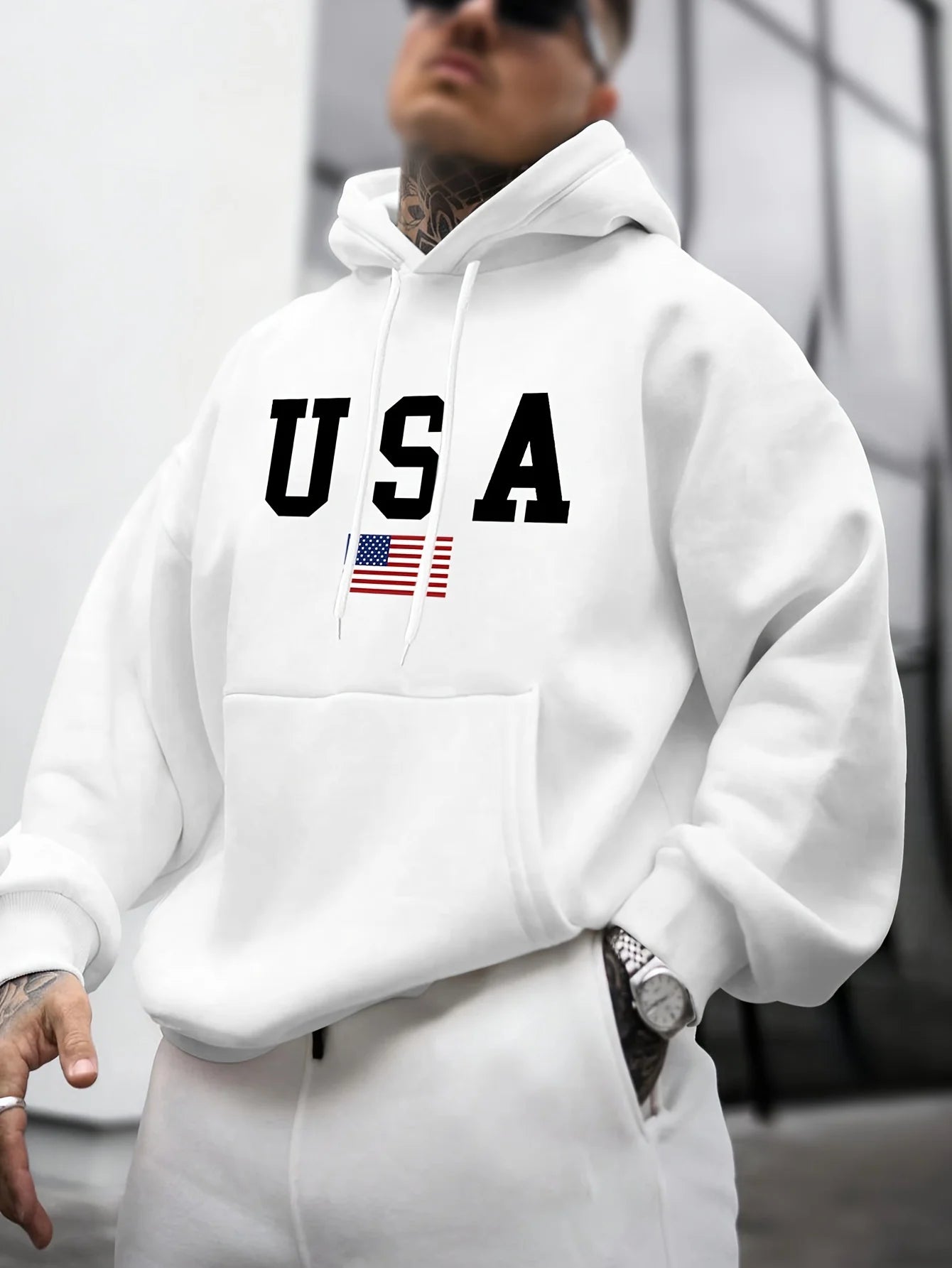 USA Flag Print Men's Long Sleeve Hooded Sweatshirt, Trendy Pullover Hoodie With Kangaroo Pocket