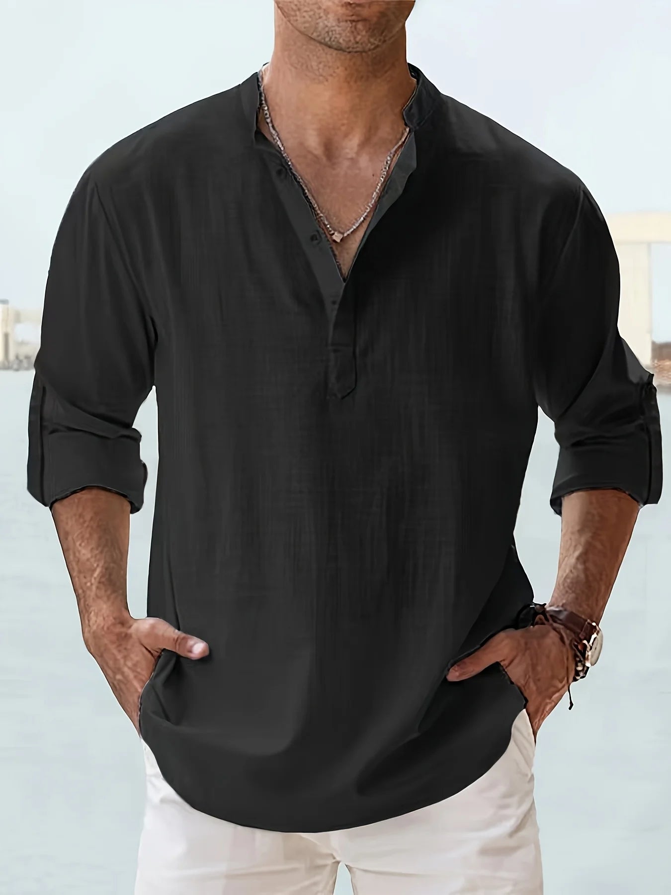 Men's Loose Fit Solid Long Sleeve Linen Collar Shirt