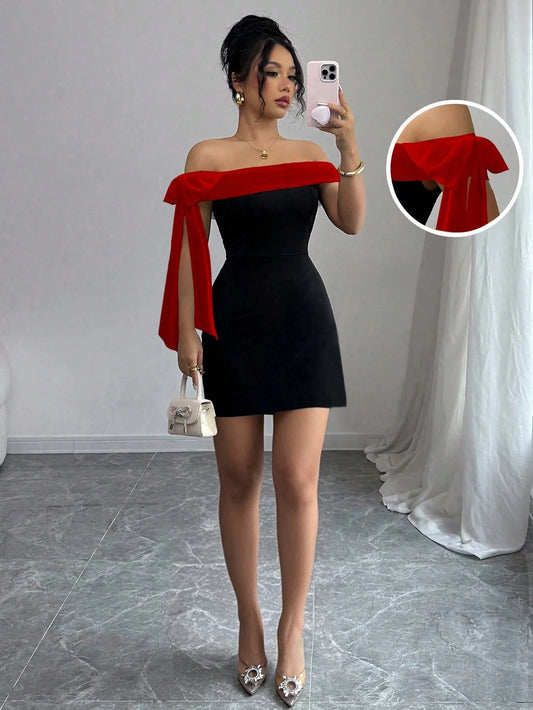 Women's Off Shoulder Bodycon Dress With Statement Bow For Parties