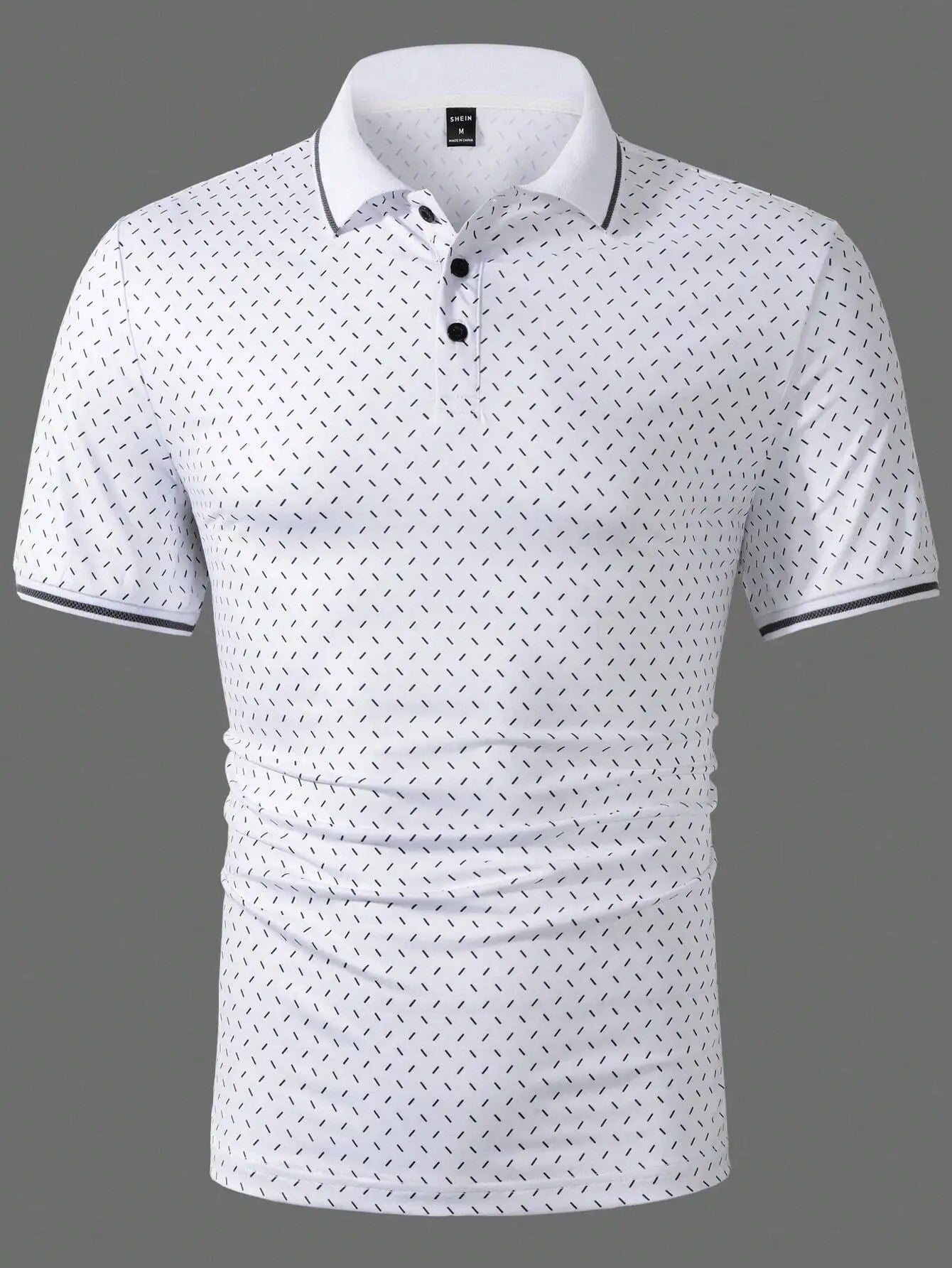 Men's White Short Sleeve Polo Shirt with Geometric Dot Pattern, Casual Workwear