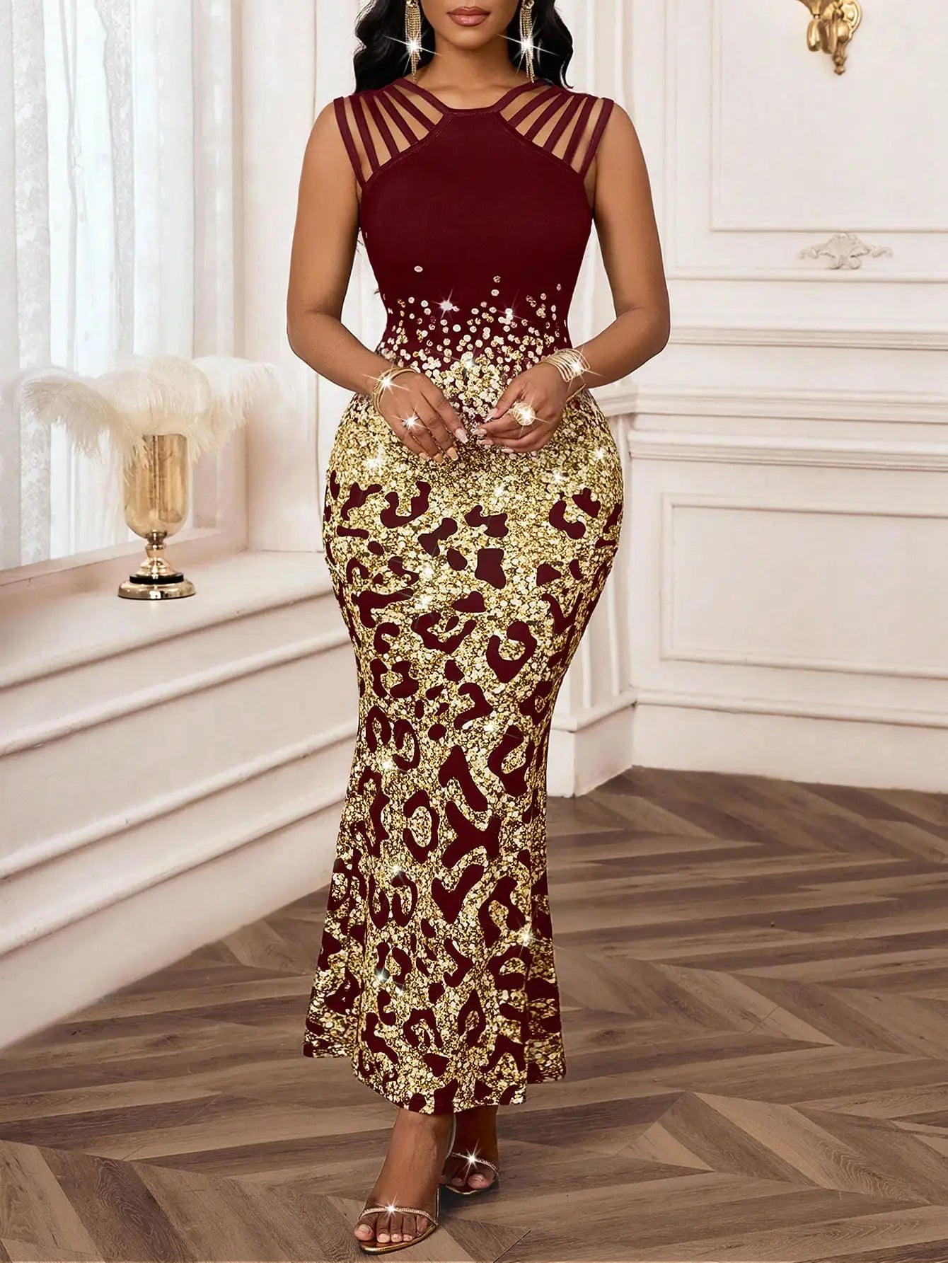 Leopard Print Fishtail Hem Evening Dress With Hollow Out Detail