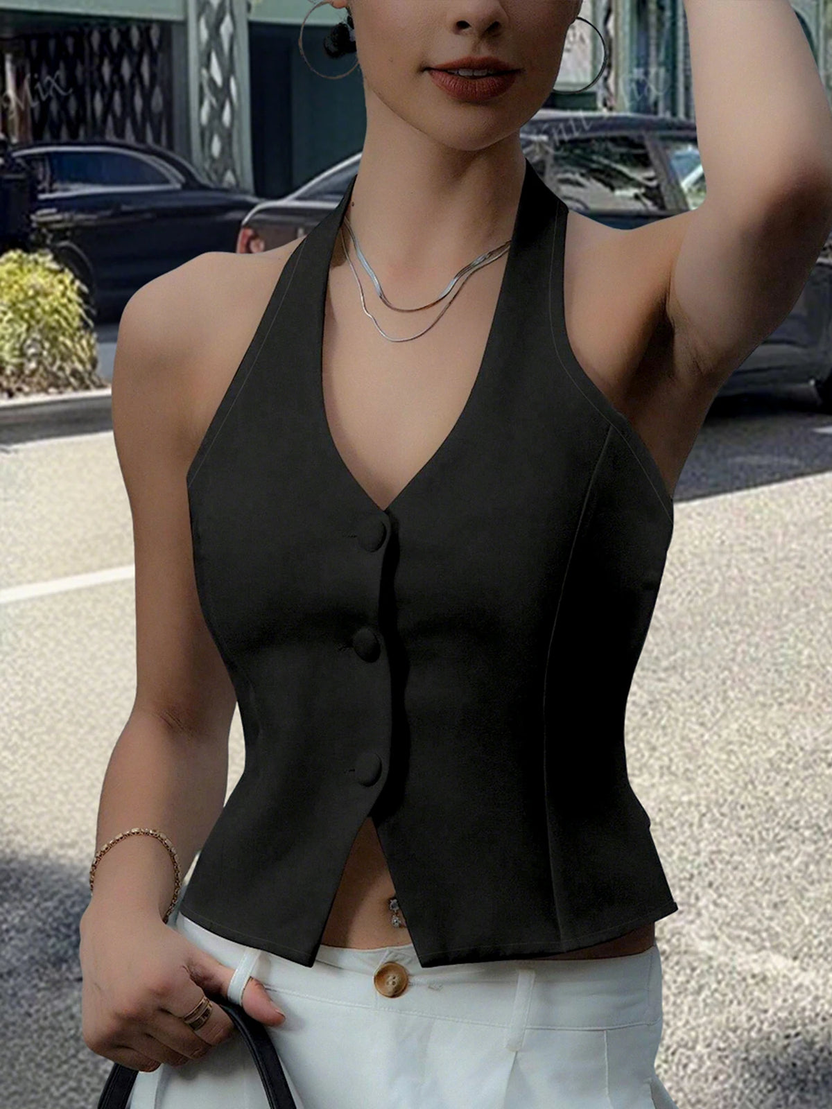 Womens Halter Neck Button Vest Top With Stylish Back Tie