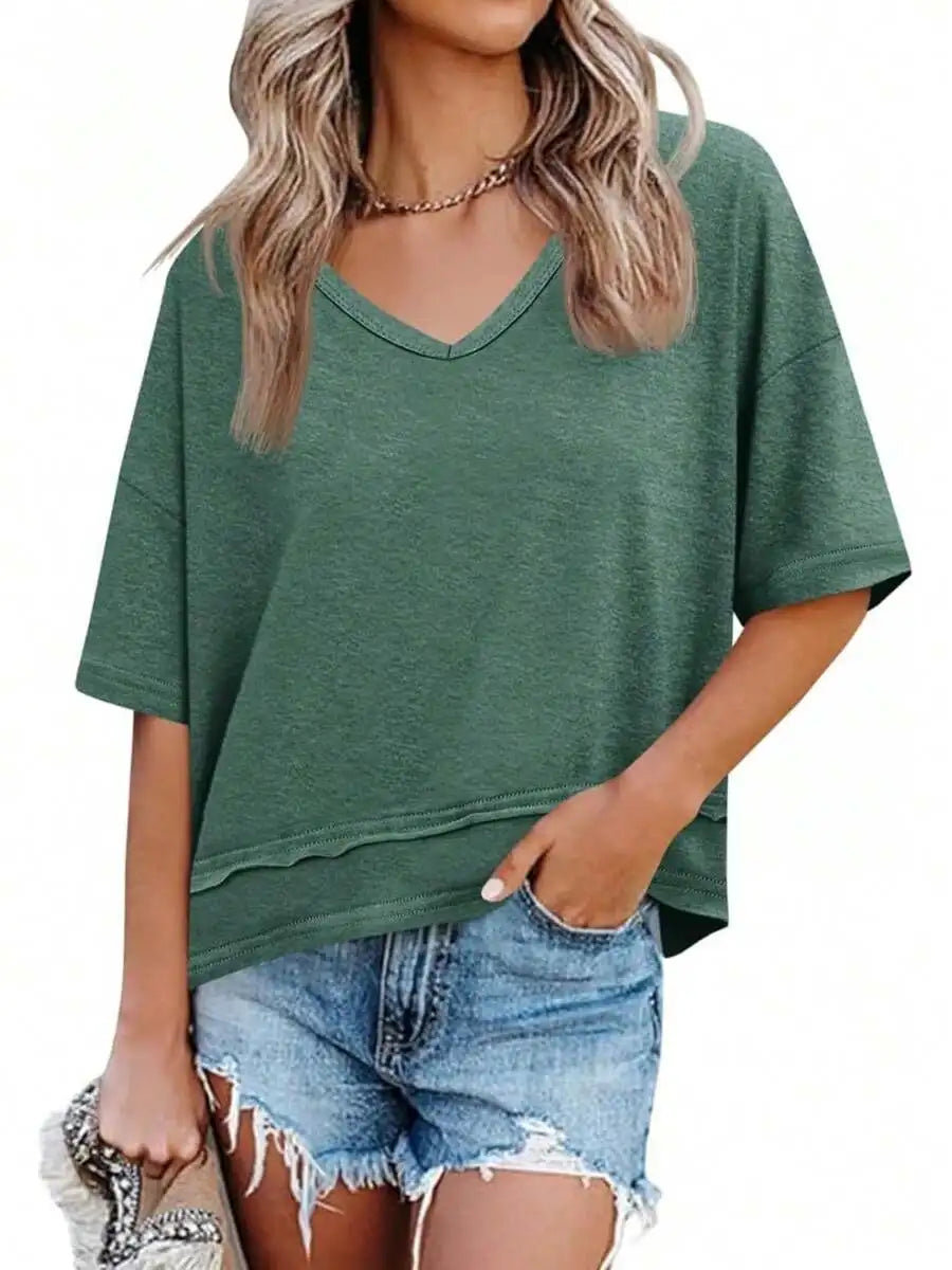 Womens V-Neck Loose Short Sleeve Flowy Top