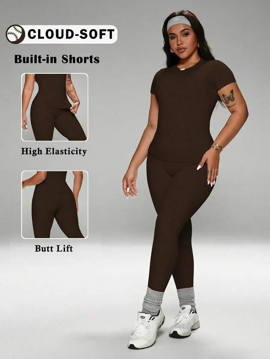 Pink 2-Piece Set Crew Neck T-Shirt High Waist Yoga Leggings Plus Size Activewear