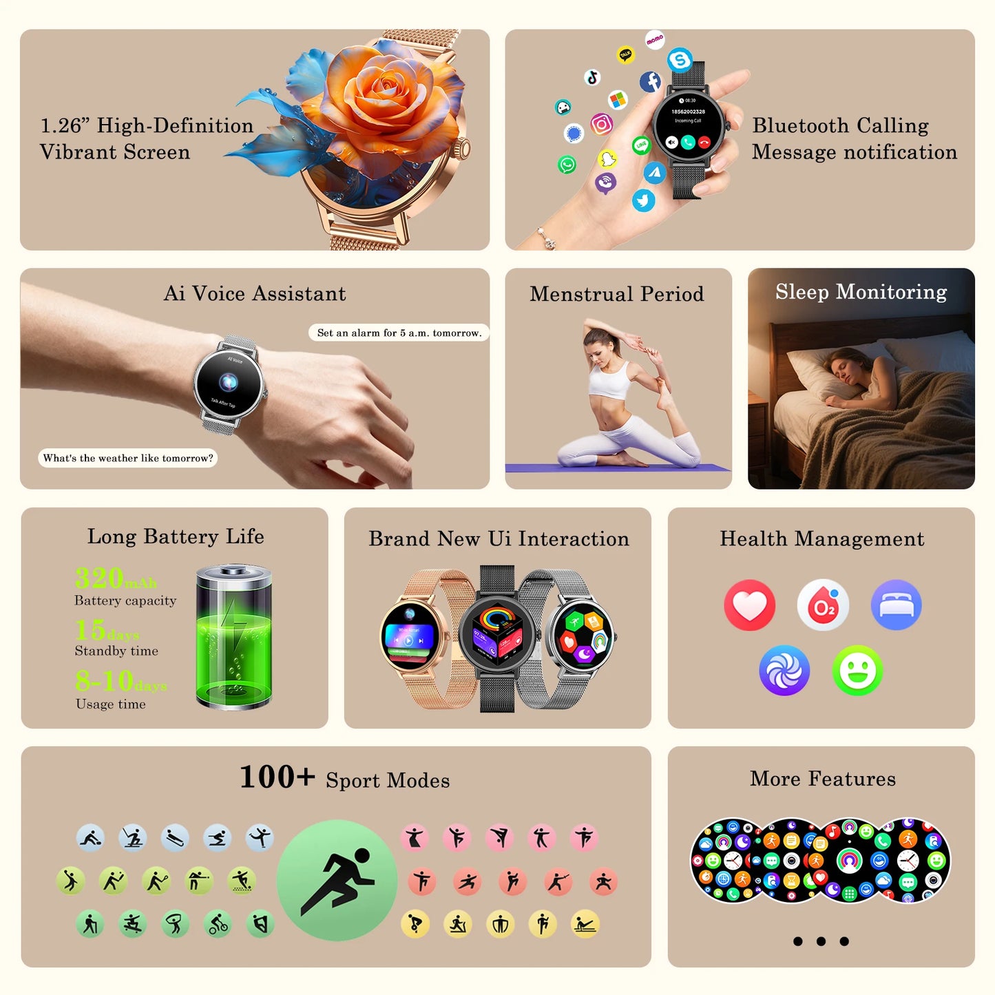 Blackview New X30 Lady's Smartwatch with Health Monitor Fitness Tracker 1.26” AMOLED Screen Bluetooth Smartwatch for Android IOS