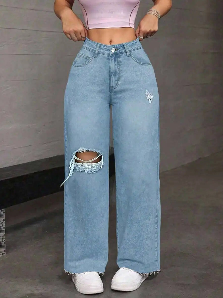 Womens High Waist Ripped Denim Jeans Straight Leg Streetwear