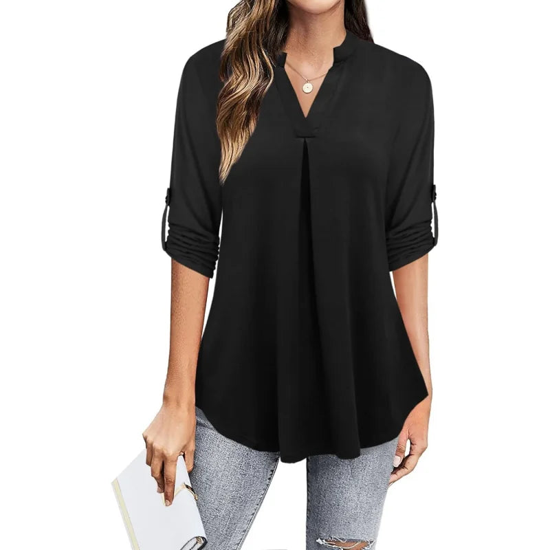Womens Dressy Casual Chiffon Blouse With V Neck Sleeves