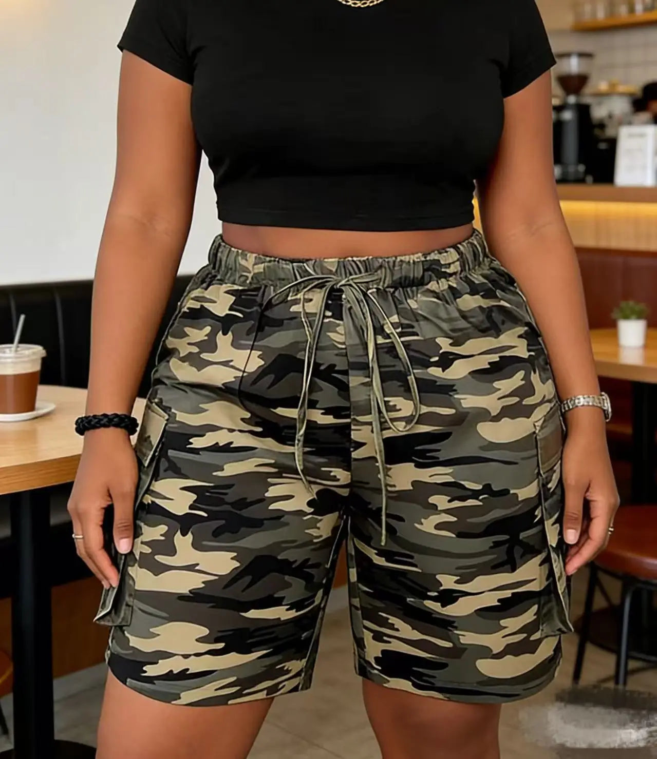 Women's Gradient Camel Print Casual Drawstring Pocket Shorts