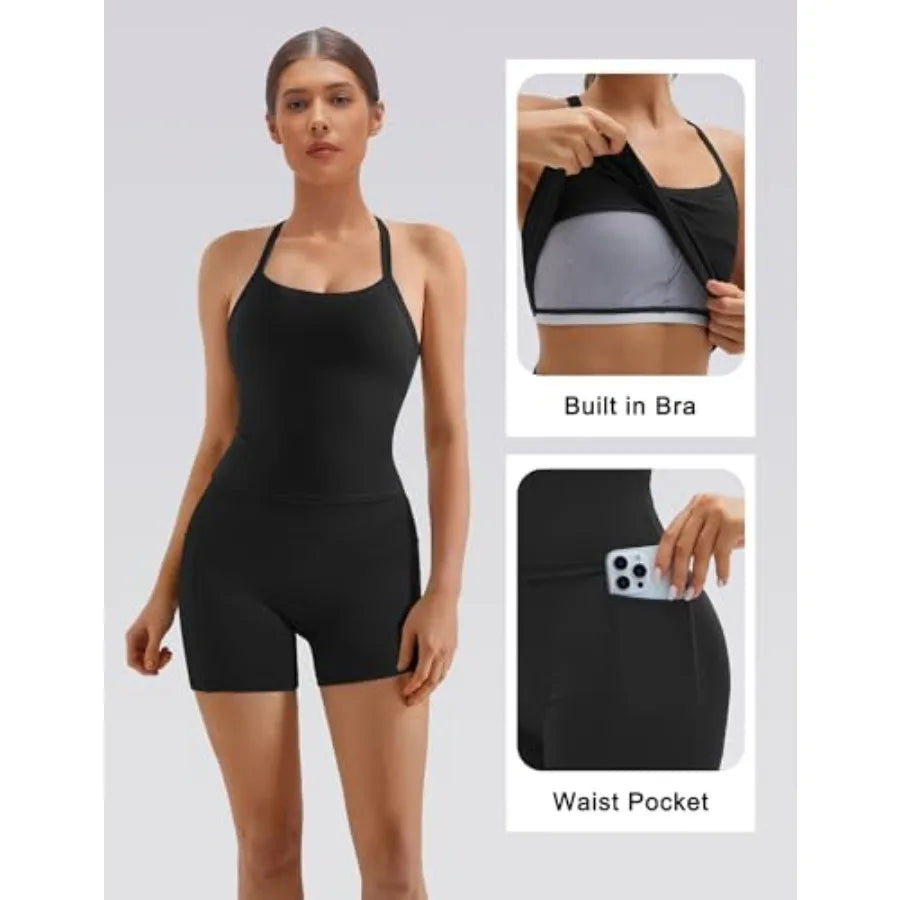 SUUKSESS Women 2 Pcs Workout Sets High Waisted Biker Shorts with Pockets Built in bra Racerback Tank Tops
