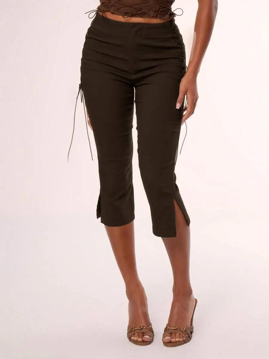 Side Laced Capri Pants For Women Summer Vacation Festival