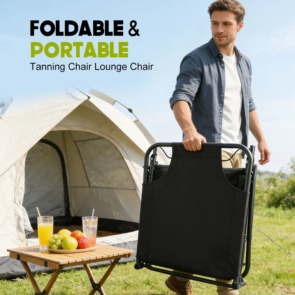 Portable Folding Camping Lounge Chair With Cushion, 3-Position Reclining