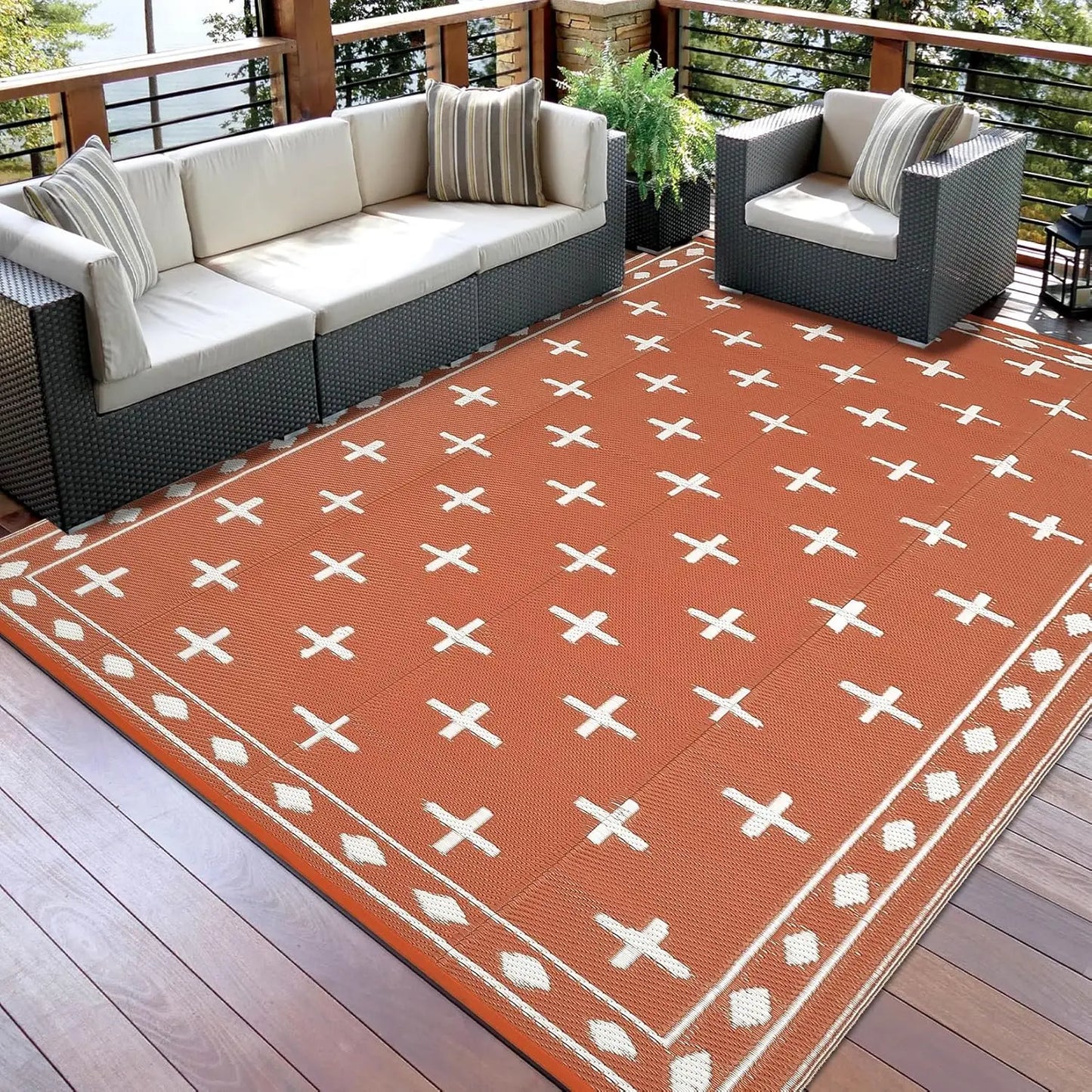 Outdoor Rug, Reversible Waterproof Plastic Straw Patio Mat with Geometric Border Design, Large RV Camping Rug for Deck, Balcony