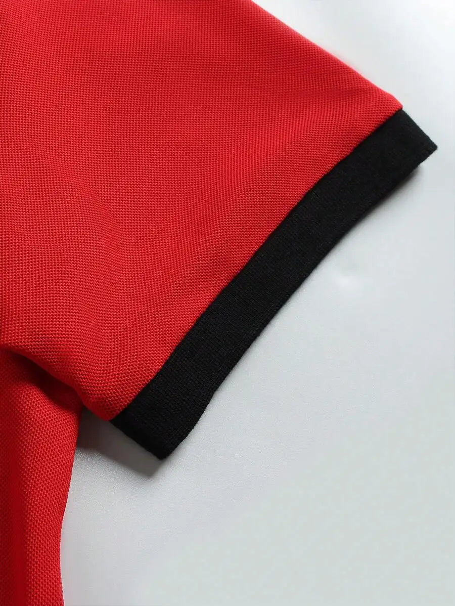 Men's Red Short Sleeve Polo Shirt with Black and Gray Stripe Contrast Trim