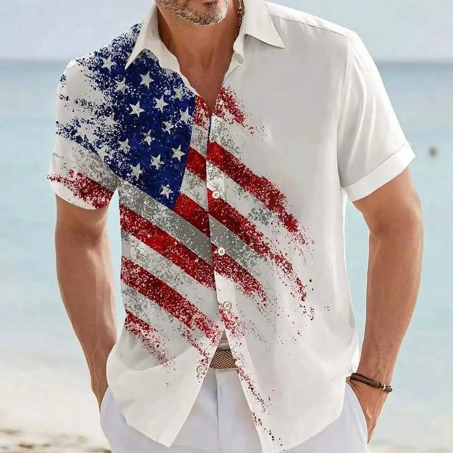 Patriotic American Flag Print Men's Short Sleeve Button Up Shirt