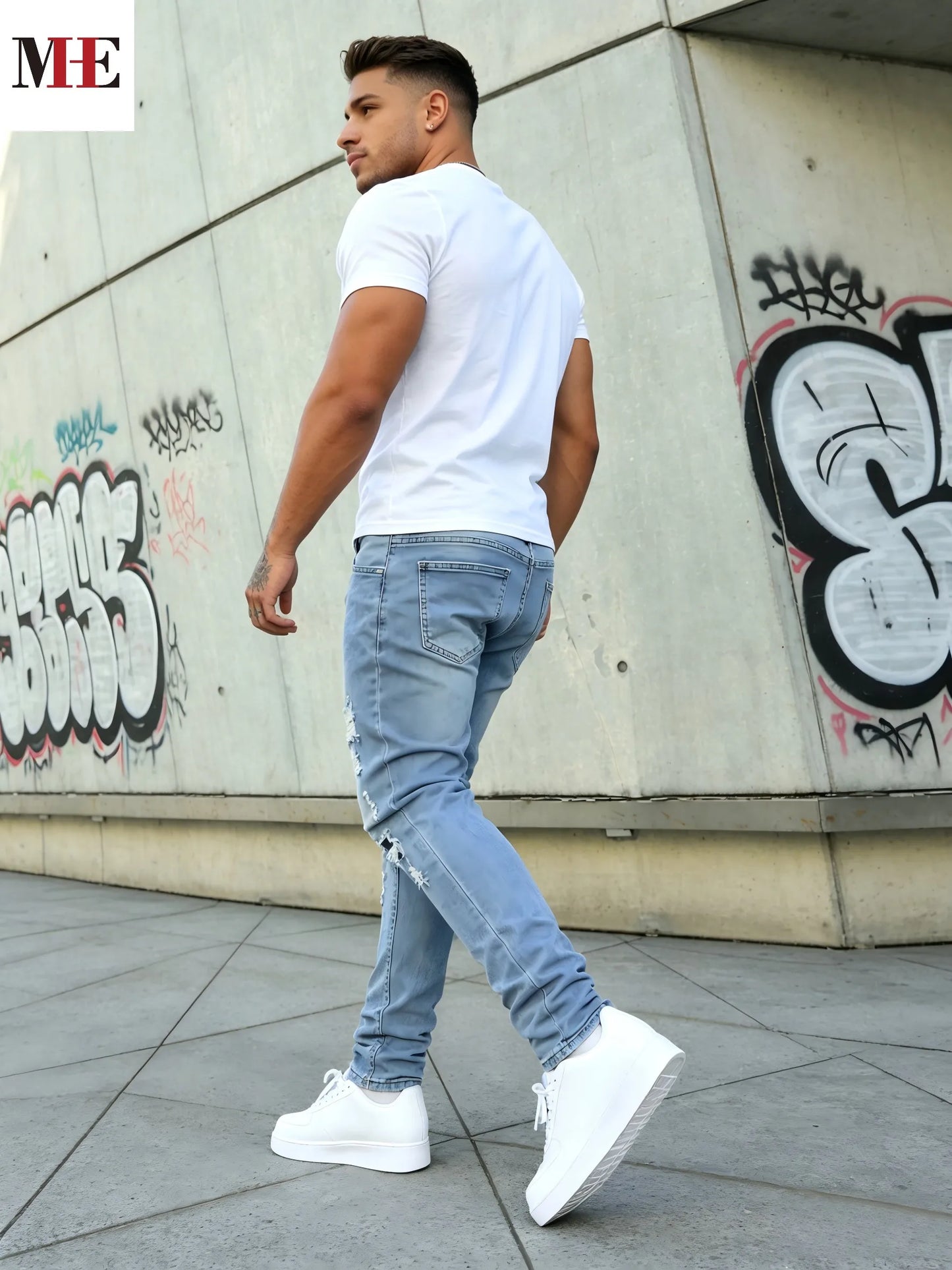 Hme Men's Slim Stretch Denim Jeans With Zipper Fly And Ripped Details For Everyday Casual Wear