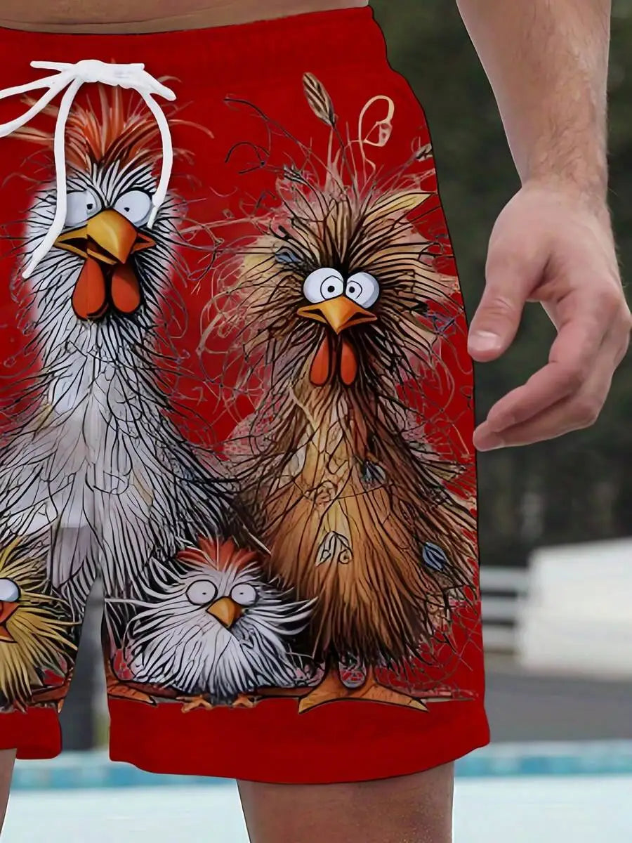 Mens Beach Shorts With Cartoon Chicken Print For Summer