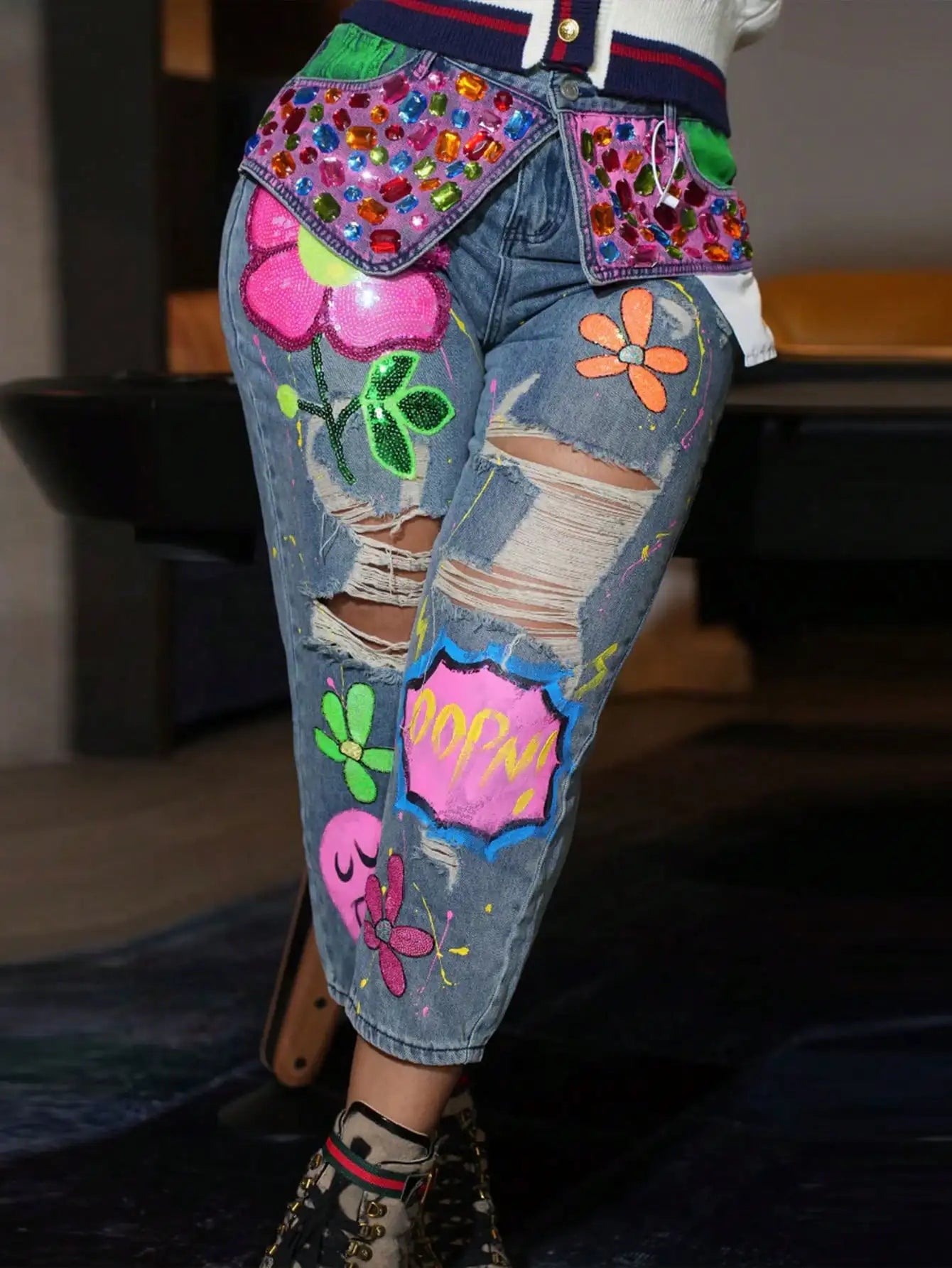 GLOURI Womens Colorful Rhinestone Graffiti Print Pocket Distressed Denim Jeans