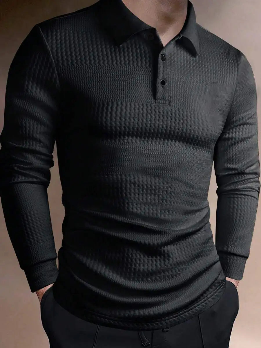 Men's Long Sleeve Textured Knit Polo Shirt - Solid White, Casual Business Wear