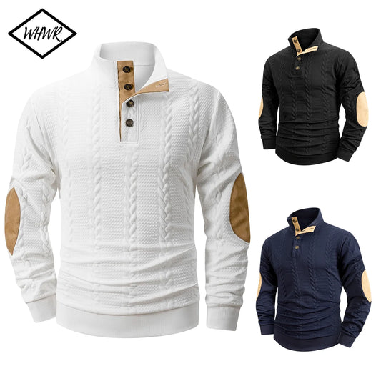 Mens Cable Knit Brushed Fleece Mock Neck Henley Pullover Sweater