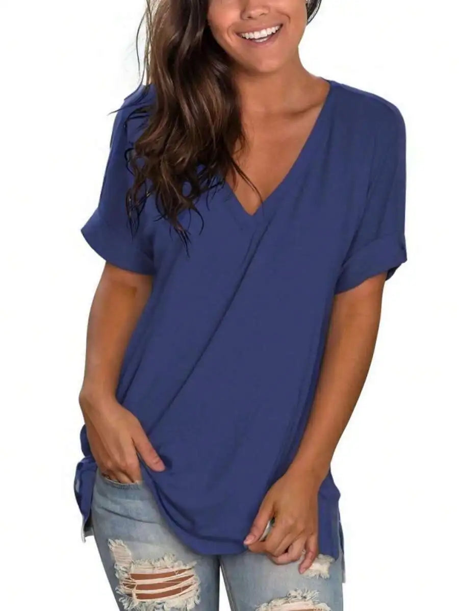 Womens Casual V Neck Short Sleeve Loose Summer Tunic