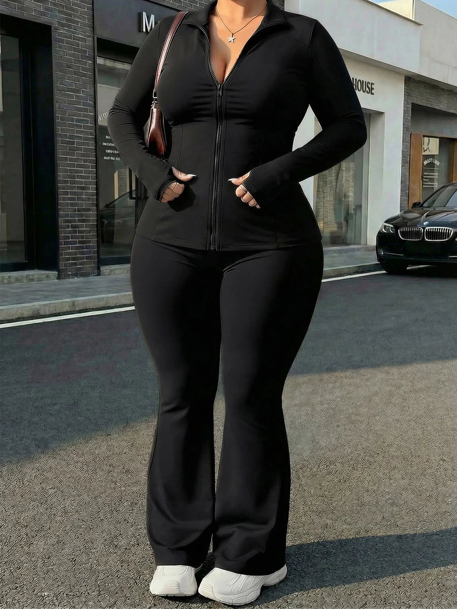 Plus Size Women Solid Color Long Sleeve Zip Up Top And Flared Pants Slim Fit Sportswear Set