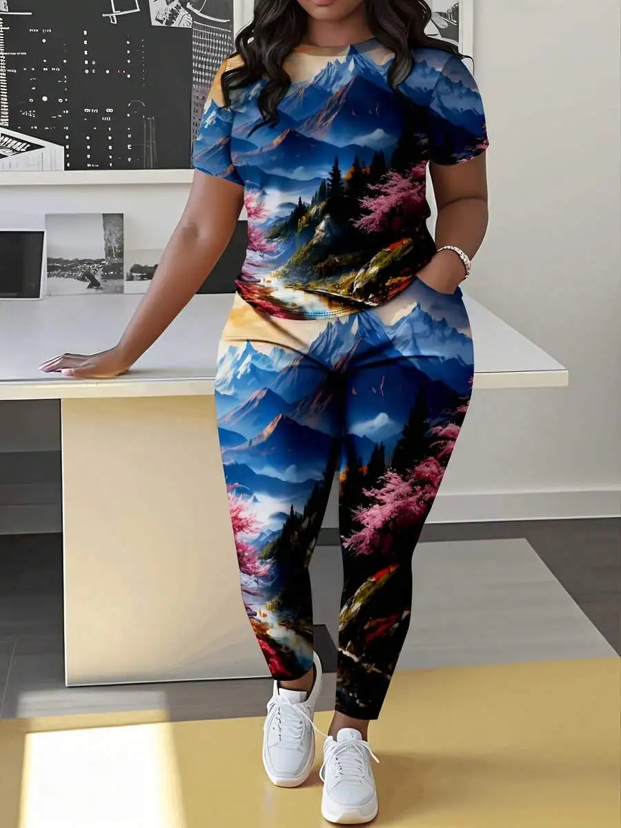 Plus Size Short Sleeve Top And Pants Set Mountain Landscape Print With Pink Trees 2pcs Leisure Sportwear