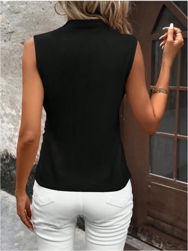 Womens Sleeveless V Neck Wrap Blouse With Ruched Asymmetric Hem