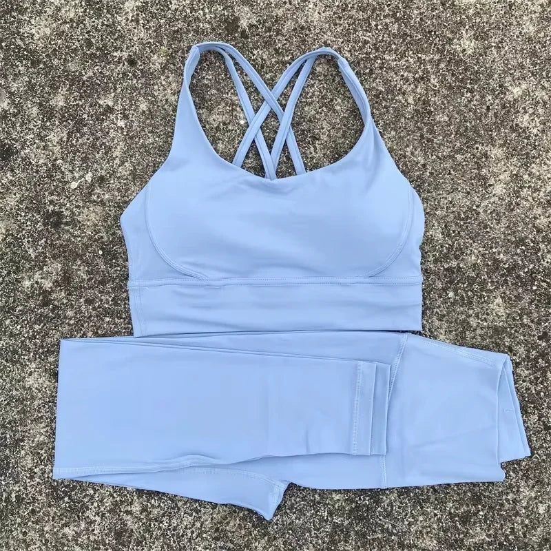 Solid Color Gym Fitness Set Tight Soft cross Fitness Bra 2pc compression High Waist Yoga Legging Suit Comprehensive Training Jog