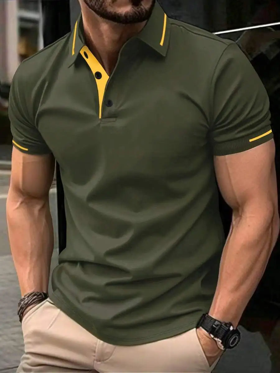 Navy Blue Men's Polo Shirt with Red Trim Collar and Cuffs, Short Sleeve Casual Summer Top