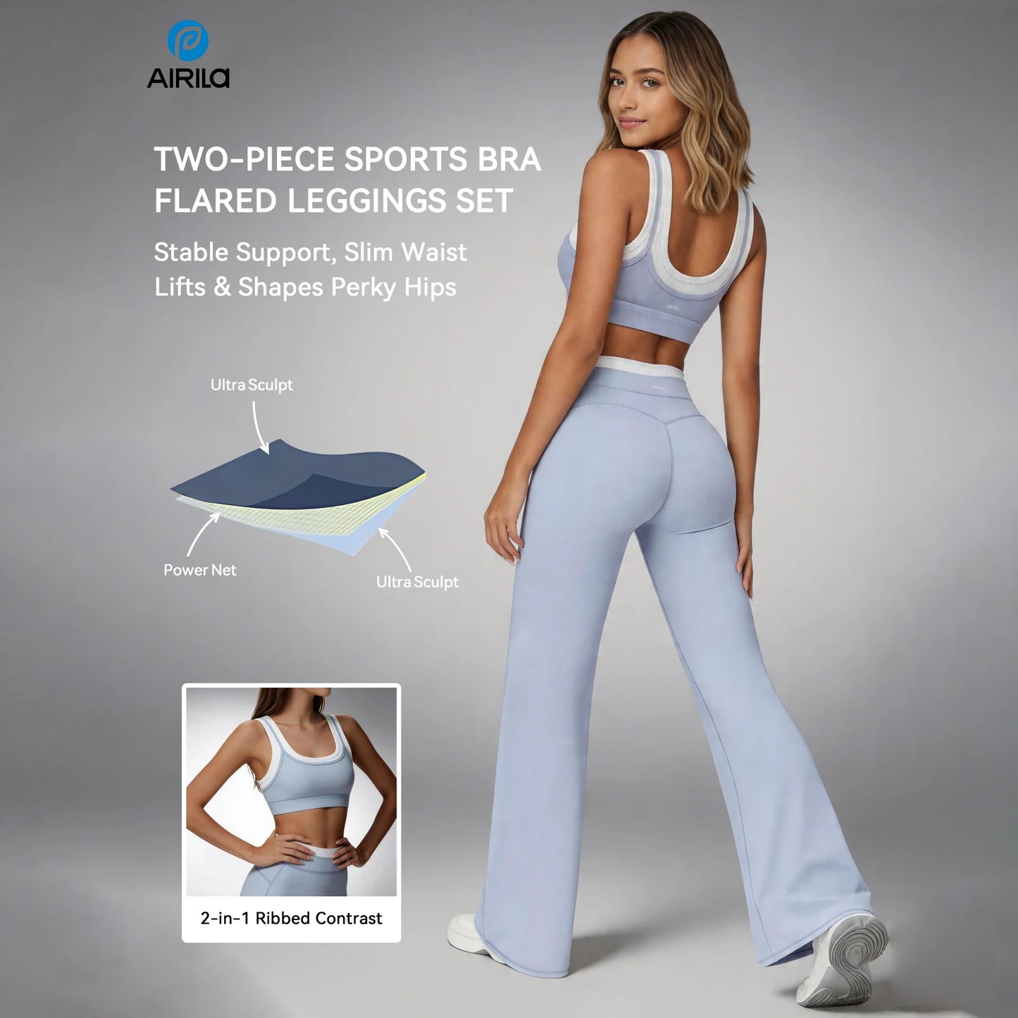 Airila Women's Yoga Set 2-Piece Sportswear Color-Block Sportswear High-Waisted Flared Crop Top for Exercise and Daily Fitness