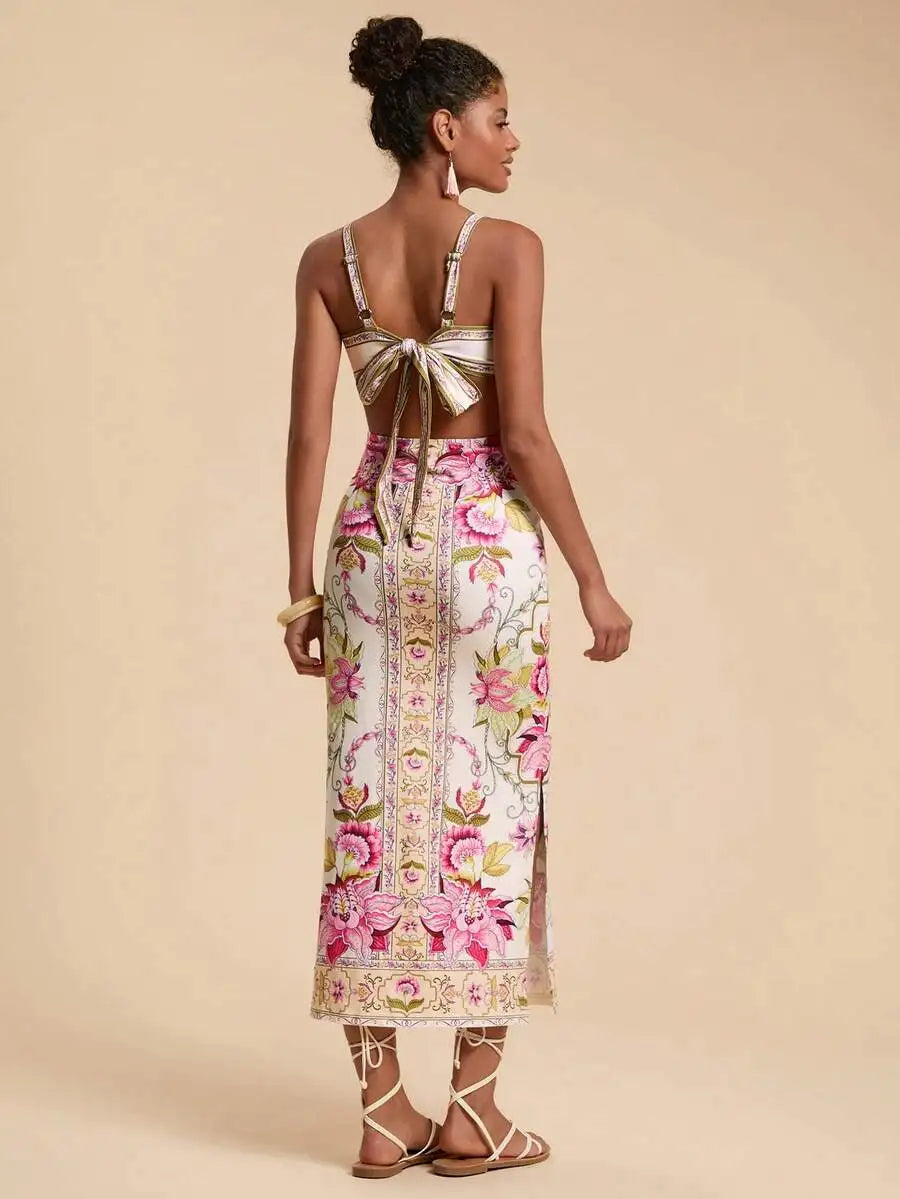 Womens Floral Print Fitted Spaghetti Strap Dress For Beach Party