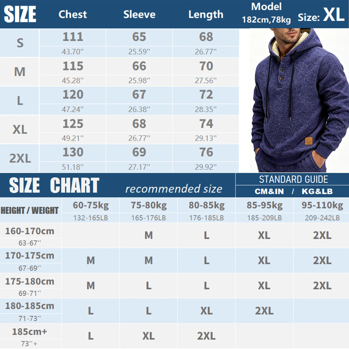 Men's Sherpa Fleece Lined Henley Hoodie Pullover Winter Sweatshirt