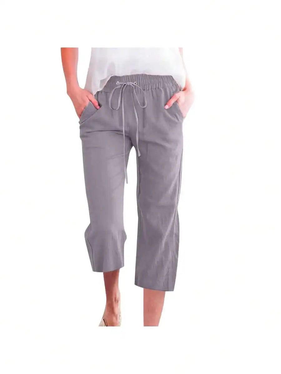 Womens Summer Elastic High Waist Linen Cotton Blend Drawstring Capris
