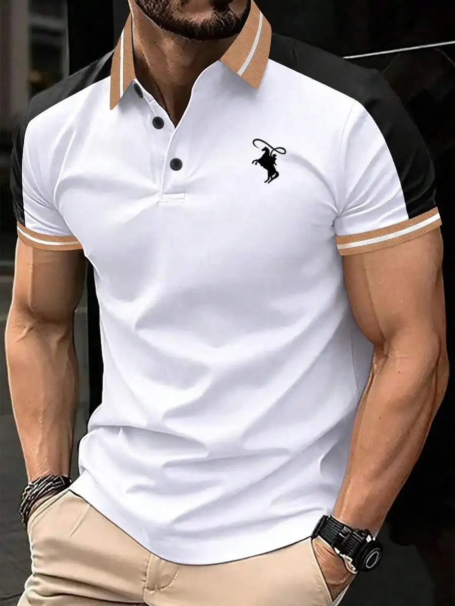 Navy Blue Men's Polo Shirt with Red Trim Collar and Cuffs, Short Sleeve Casual Summer Top