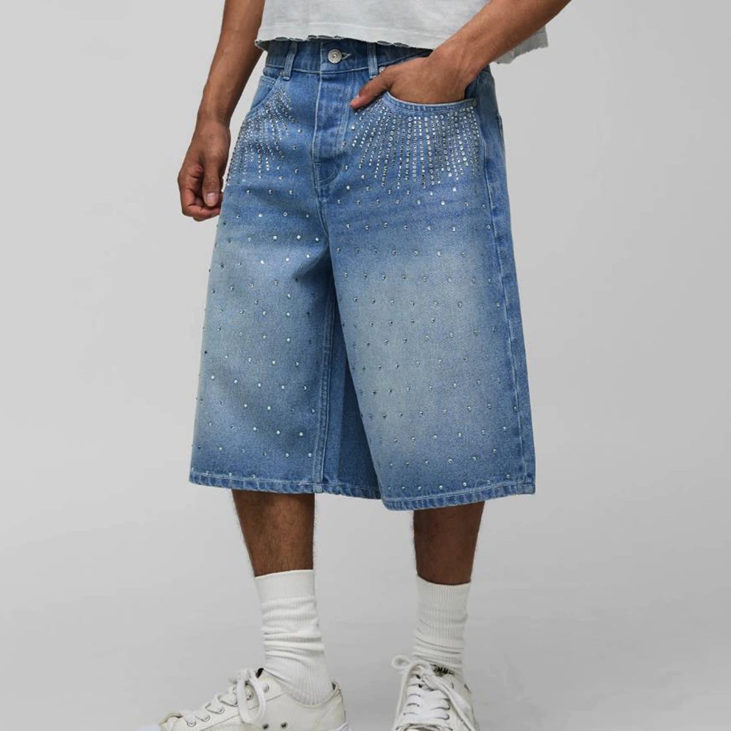 Mens Knee Length Denim Shorts With Distressed Detailing Frayed Hem