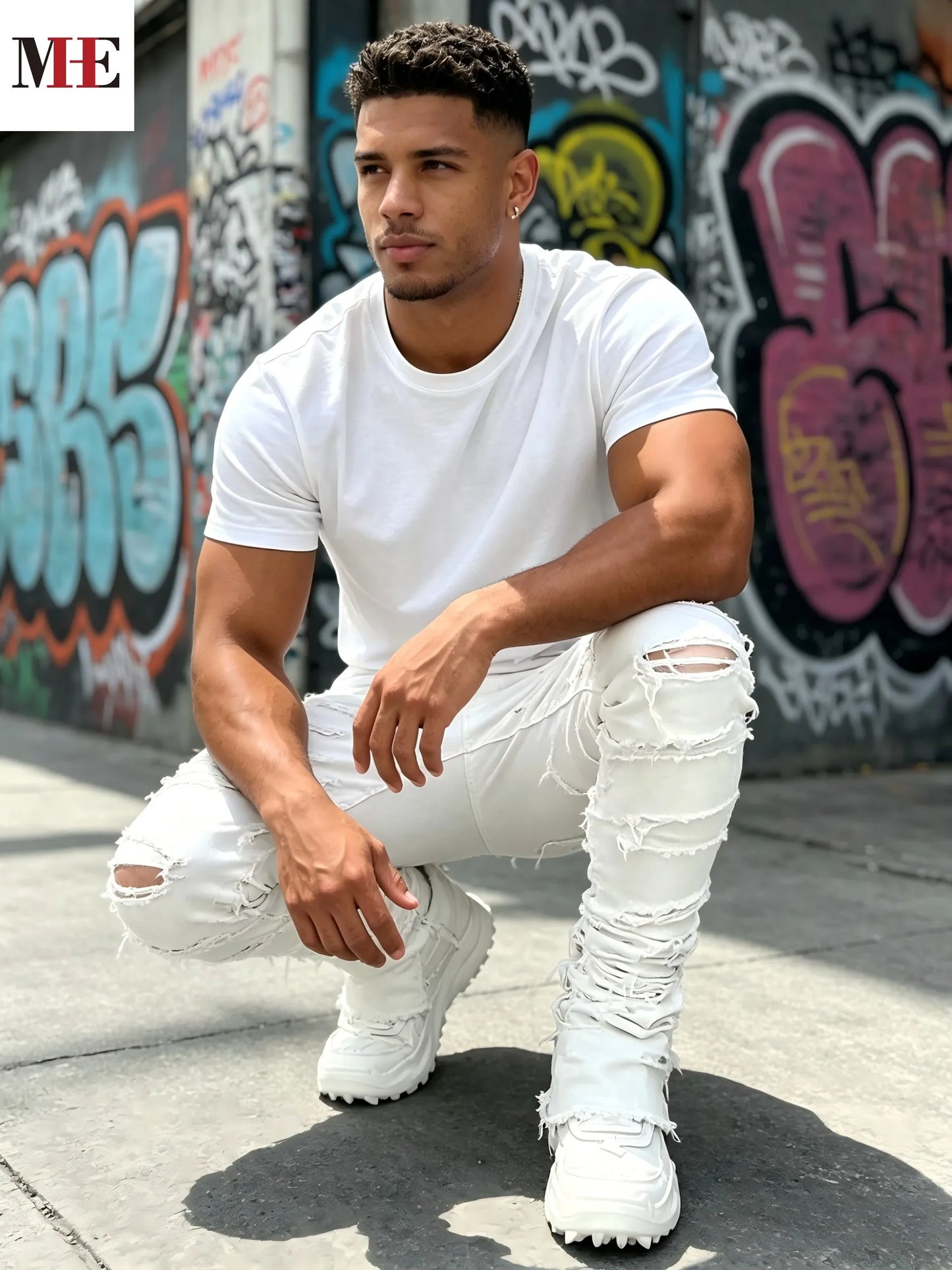 HME Men's White Denim Stacked Ripped Slim Flared Jeans