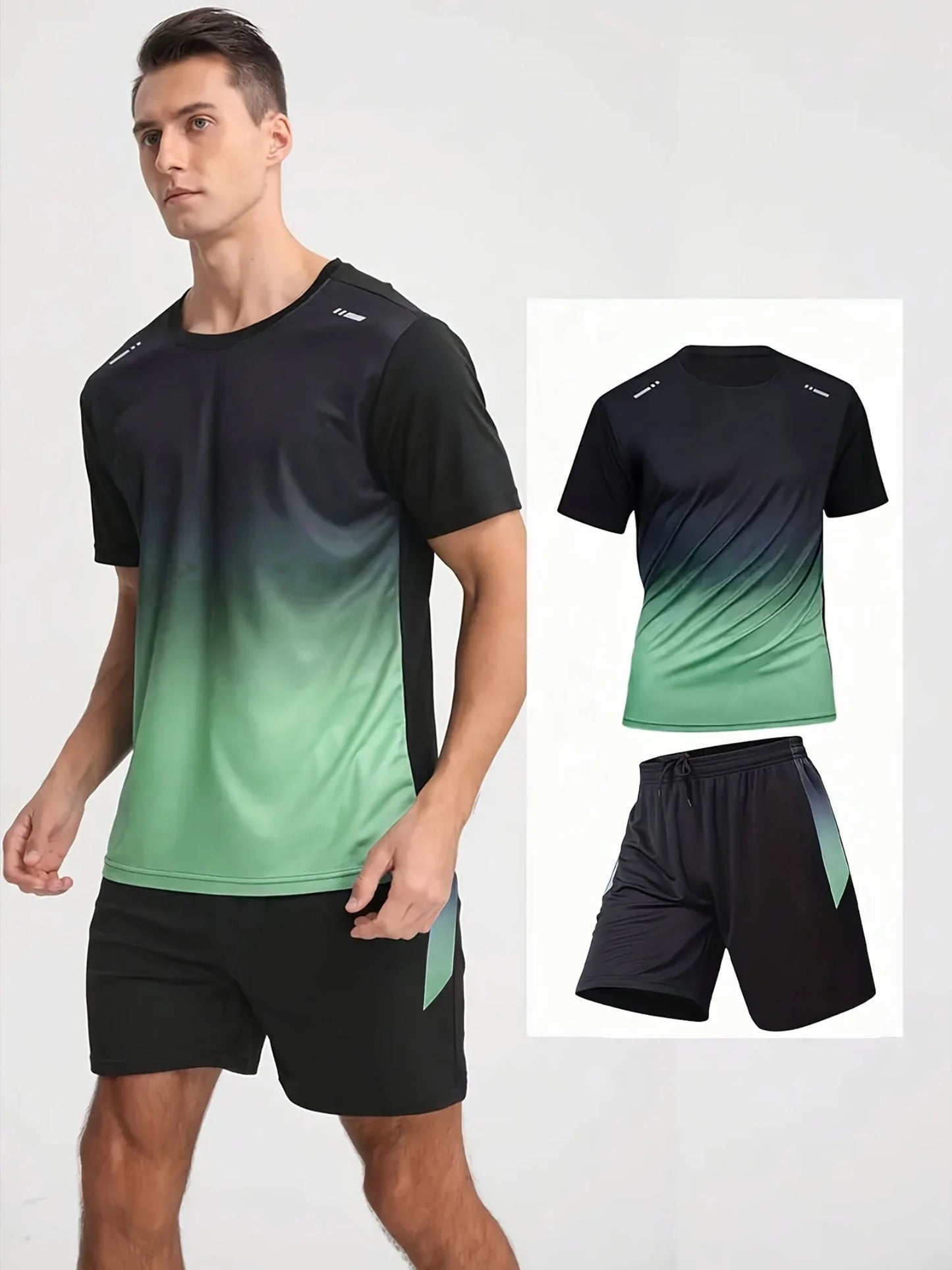12 pcs color random including 6 T-shirts+6 shorts  men's gradient short sleeved shorts breathable and quick drying casual fitnes
