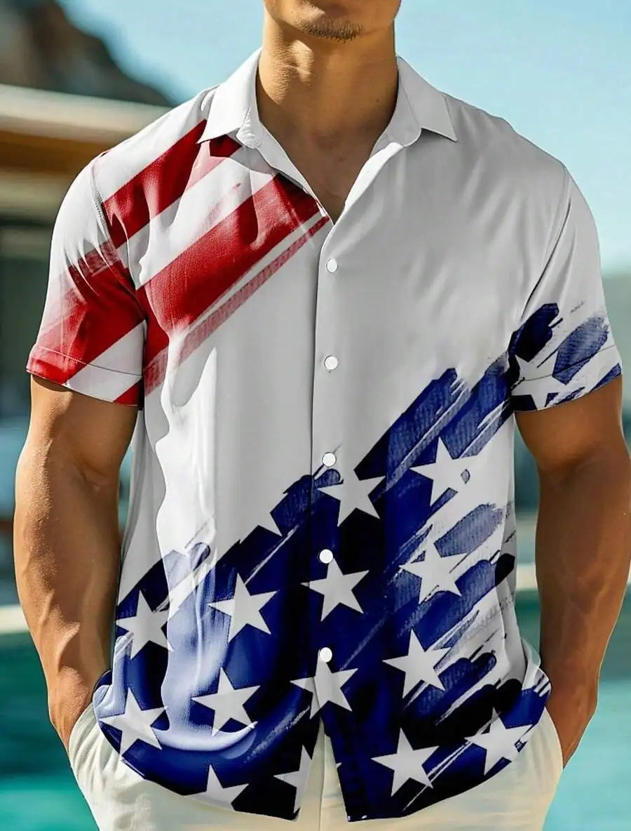 Patriotic American Flag Print Men's Short Sleeve Button Up Shirt