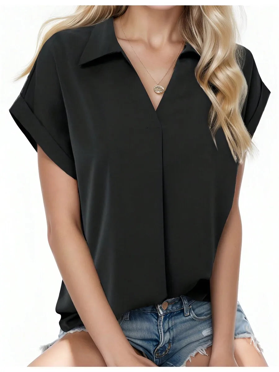 Womens Chiffon Short Sleeve Shirt With Turn Down Collar
